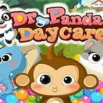 Tecknade djurfigurer, inklusive en panda, apa, elefant och katt, omgivna av färgglada bollar framför en bakgrund med texten Dr