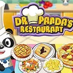 Tecknad panda i kockhatt med olika maträtter på ett bord och texten Dr Pandas Restaurant med en kockmössa som logotyp