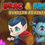 Två tecknade figurer, en vampyr och en Frankensteins monster, står rygg mot rygg med texten Drac & Franc Dungeon Adventure