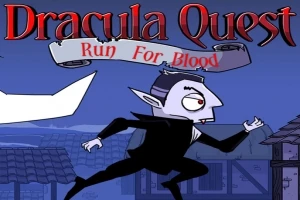 Tecknad serietidningsstil av en vampyr som springer genom en medeltida by med texten Dracula Quest: Run For Blood ovanför
