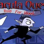 Tecknad serietidningsstil av en vampyr som springer genom en medeltida by med texten Dracula Quest: Run For Blood ovanför