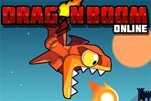 En orange drake spottar eld över en blå bakgrund med en stor sol och texten DRAG N BOOM ONLINE upptill