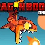 En orange drake spottar eld över en blå bakgrund med en stor sol och texten DRAG N BOOM ONLINE upptill