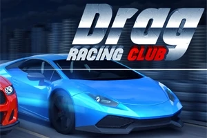 Ett blått sportbil framför en suddig stadsbakgrund med texten Drag Racing Club i bakgrunden