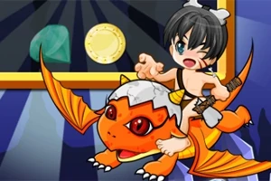 En animerad karaktär i stenålderskläder rider på en orange drake med stora ögon, med en grön ädelsten och ett guldmynt i bakgrunden