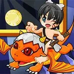 En animerad karaktär i stenålderskläder rider på en orange drake med stora ögon, med en grön ädelsten och ett guldmynt i bakgrunden