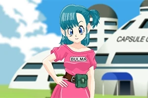 En tecknad figur med blått hår och rosa klänning står framför en futuristisk byggnad märkt Capsule Corp under en molnig himmel