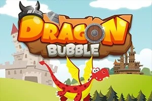 Tecknad bild med texten Dragon Bubble i stora bokstäver, en glad röd drake med gula vingar, och två slott i bakgrunden med gröna kullar