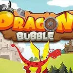 Tecknad bild med texten Dragon Bubble i stora bokstäver, en glad röd drake med gula vingar, och två slott i bakgrunden med gröna kullar