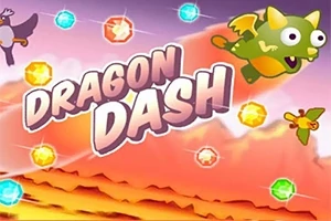 Tecknad grön drake med vingar flyger över en färgstark himmel med texten Dragon Dash och omringad av lysande juveler