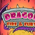 Skylt med texten Dragon Fire & Fury omgiven av lila drakvingar och klor mot en eldig bakgrund