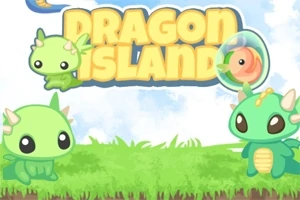 Gröna tecknade drakar med stora ögon på en gräsmatta under texten Dragon Island