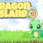 Gröna tecknade drakar med stora ögon på en gräsmatta under texten Dragon Island