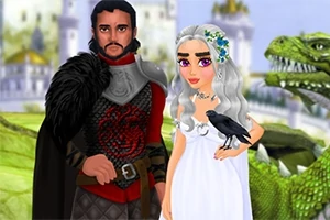 En man och en kvinna i medeltida kläder står framför ett slott, med en grön drake bakom dem och kvinnan håller en korp