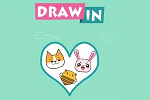 Ett hjärta med illustrationer av en katt, en kanin och ett bi mot en grön bakgrund med texten DRAW IN ovanför