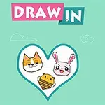 Ett hjärta med illustrationer av en katt, en kanin och ett bi mot en grön bakgrund med texten DRAW IN ovanför
