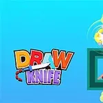 Blå bakgrund med färgglad text Draw Knife och en grafik med en böjd linje som går genom en fyrkant och träffar ett föremål
