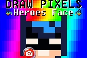 Pixlad superhjälteansikte med färgglad bakgrund och texten DRAW PIXELS Heroes Face