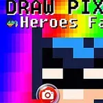 Pixlad superhjälteansikte med färgglad bakgrund och texten DRAW PIXELS Heroes Face