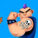 En tecknad figur som visar sin biceps med en dödskalletatuering, med texten Draw Tattoo mot en blå bakgrund