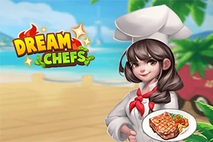 En kvinnlig kock i vita kläder med en tallrik mat i handen står framför en strandbakgrund, med texten Dream Chefs i bakgrunden