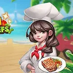 En kvinnlig kock i vita kläder med en tallrik mat i handen står framför en strandbakgrund, med texten Dream Chefs i bakgrunden