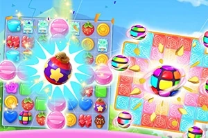 En färgglad illustration med två spelplaner fyllda med olika symboler som frukter, godis och stjärnor, samt explosionseffekter och ljusa bollar