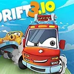 Två animerade bilar med ansikten, en gul och en röd, kör snabbt på en väg mot en blå himmel med moln i bakgrunden