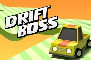 En gul tecknad bil med orange ränder på ett randigt grönt och orange fält, med texten Drift Boss ovanför