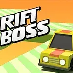 En gul tecknad bil med orange ränder på ett randigt grönt och orange fält, med texten Drift Boss ovanför