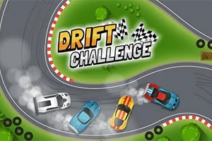 Fyrfärgade bilar som driftar runt en kurva på en racerbana med texten DRIFT CHALLENGE i mitten