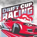 Röd sportbil i drift med texten Drift Cup Racing i bakgrunden