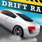 Vit sportbil som driftar på en väg med texten DRIFT RACE i bakgrunden