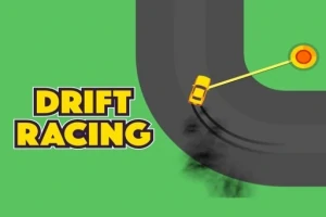 En gul bil driftrar runt en kurva på en racingbana med texten Drift Racing på en grön bakgrund
