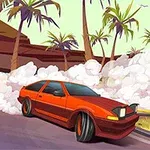 Röd sportbil driftar runt en kurva med rök och palmer i bakgrunden