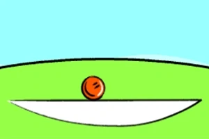 En orange boll ligger på en vit, böjd yta mot en bakgrund av klarblå himmel och grön mark