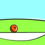 En orange boll ligger på en vit, böjd yta mot en bakgrund av klarblå himmel och grön mark