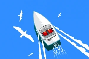 En motorbåt färdas på blått vatten med vita fåglar ovanför i himlen