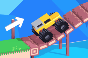 Ett gult monstertruck med stora däck kör över en bro i ett färgglatt, geometriskt landskap