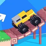 Ett gult monstertruck med stora däck kör över en bro i ett färgglatt, geometriskt landskap