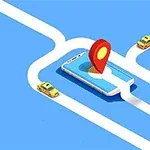 Smartphone med en röd platsmarkör på skärmen står på en blå bakgrund med vita vägar och gula taxibilar