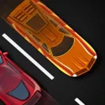 Två tecknade bilar på ett svart vägunderlag, en röd bil och en orange bil, kör parallellt på vita linjer