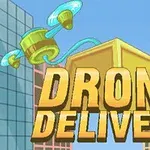 En drönare levererar ett paket mellan höga byggnader med texten Drone Delivery i förgrunden