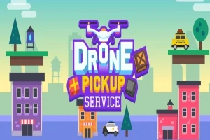 Tecknad stadsmiljö med drönare och texten Drone Pickup Service över byggnader