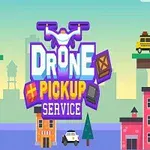 Tecknad stadsmiljö med drönare och texten Drone Pickup Service över byggnader