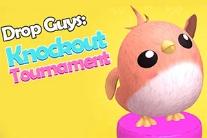 Tecknad fågel med stora ögon på en rosa piedestal mot gul bakgrund med texten Drop Guys: Knockout Tournament