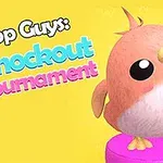 Tecknad fågel med stora ögon på en rosa piedestal mot gul bakgrund med texten Drop Guys: Knockout Tournament