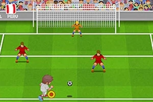 Tecknad illustration av en fotbollsspelare som förbereder sig för att skjuta mot ett mål, med två försvarare och en målvakt framför