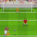 Tecknad illustration av en fotbollsspelare som förbereder sig för att skjuta mot ett mål, med två försvarare och en målvakt framför