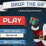 Jultomten håller en present med en stor PLAY-knapp och spelalternativ i en färgglad och tecknad stil